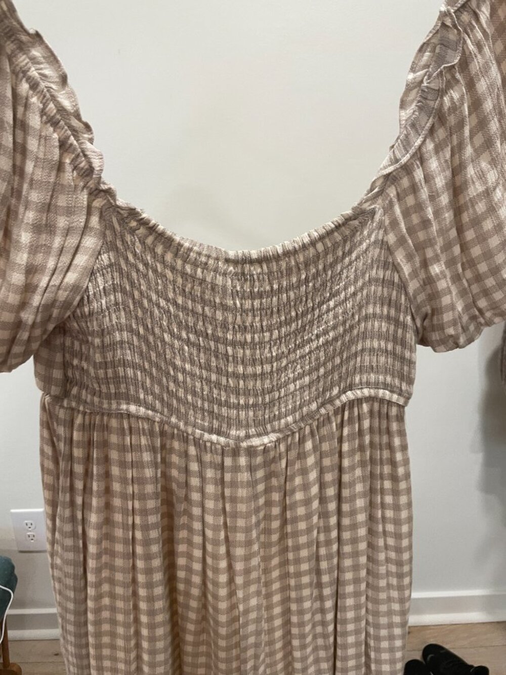 Gingham Babydoll Romper Rouched Back Puff Sleeve Pockets Elastic Waist Milkmaid - Picture 16 of 16